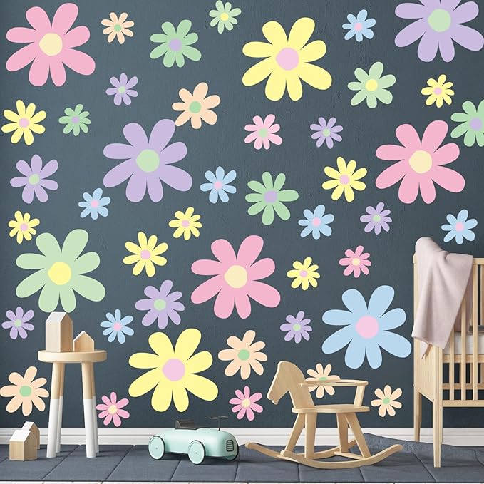 TaoBary 12 Sheets Daisy Wall Decal Flower Wall Sticker Cute Daisy Sticker Pink White Flower Decal Peel and Stick Floral Wallpaper for Nursery Bedroom Home Decor(Fresh Color,Attractive Style)