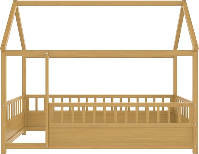 Ball & Cast Twin Size House Bed Frame,Montessori Floor Bed with Safety Fence and Roof for Kids,Wood Platform Bedframe W/Open Door for Girls Boys,Bedroom,Playroom,Easy Assembly,Natural