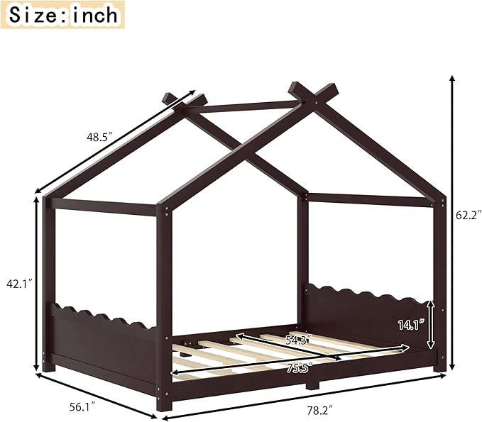 Full Size Wooden House Floor Bed - Kids Bed Frame with Roof & Support Slats for Bedroom, No Box Spring Needed, Easy Assembly (Espresso)