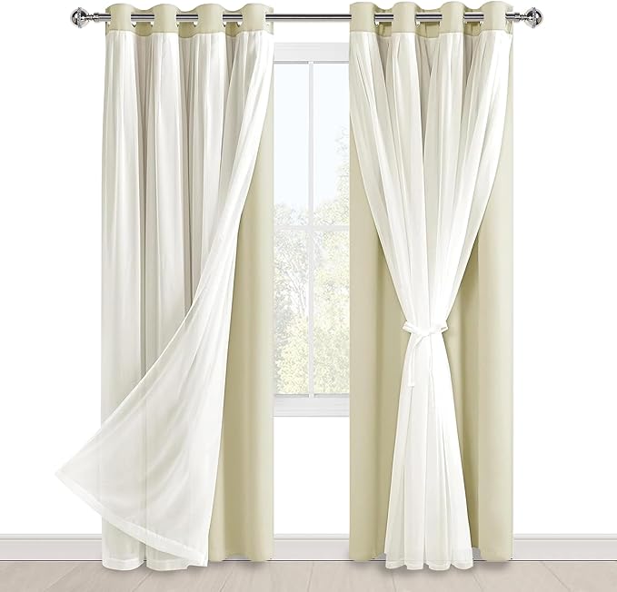 Hiasan Mix & Match Blackout Curtains with Sheer Overlay, Thermal Insulated Privacy Double Layer Room Darkening Window Curtains for Bedroom, Living Room, 2 Panels with Tiebacks, Light Beige, 52W X 84L