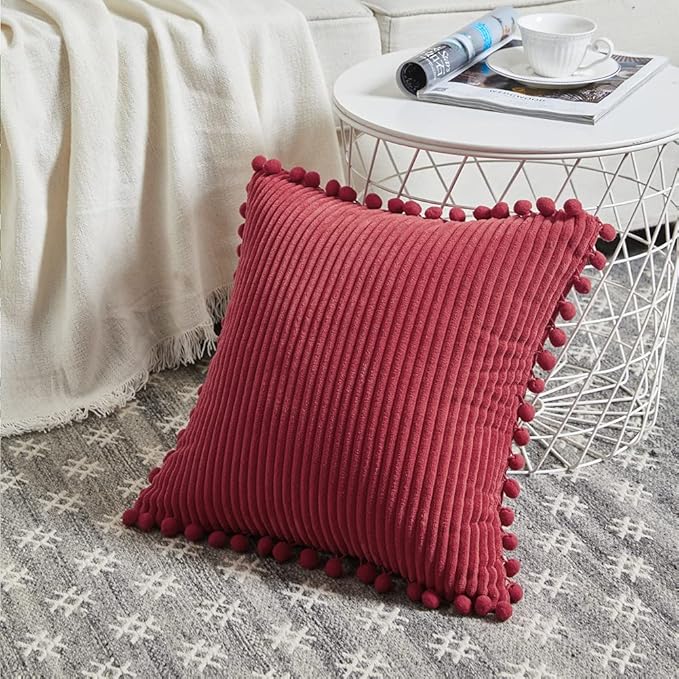 Fancy Homi Set of 2 Burgundy Decorative Throw Pillow Covers 14x14 Inch with Pom-poms for Couch Bed Sofa, Modern Farmhouse Boho Home Decor, Soft Plush Corduroy Cute Cushion Case 35x35 cm
