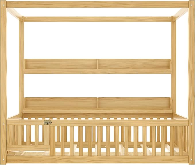 Polibi Full Size Montessori Floor Bed with Guardrails, Low Profile Solid Wood Canopy Frame with Built-in Shelves, No Box Spring Needed, for Kids & Teens, Natural