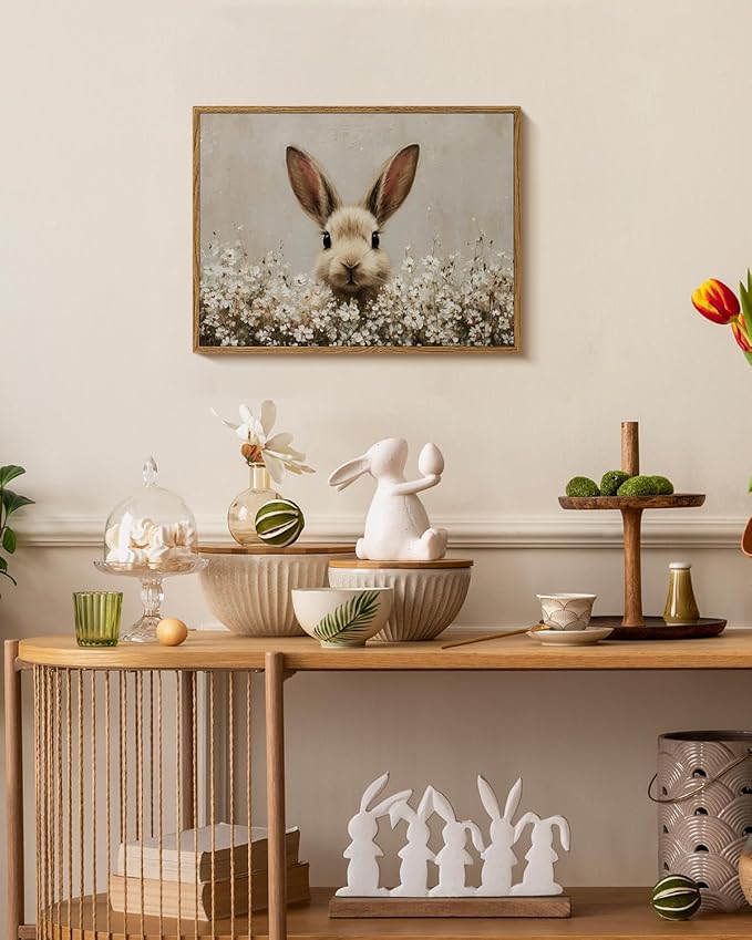 ARPEOTCY Vintage Framed Canvas Wall Art, 12x16inch, Easter Bunny Spring Rabbit Wall Decor, Animal Art Prints Home Decorations, Wildflower Paintings for Living Room Bedroom Shelf Decor