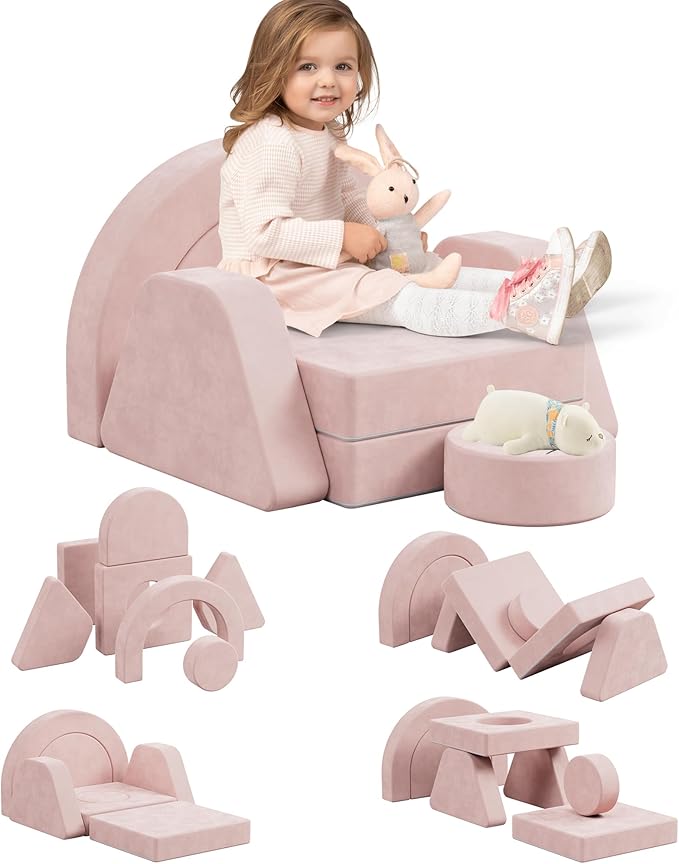 7 PCS Modular Kids Play Block Couch Child Sectional Sofa Toddler Building Fortplay Bedroom Playroom Baby Convertible Floor Foam Cushion for Boys & Girls (Pink-Single)