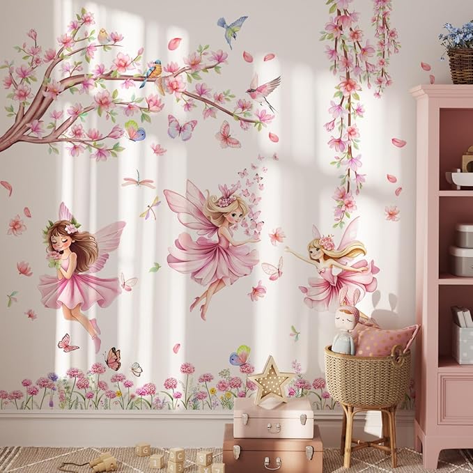 Pink Fairy Garden Wall Decals, Cherry Blossom Tree with Butterflies Wall Stickers for Girls Room Nursery Decor, 45x37 inches, 3 Sheets
