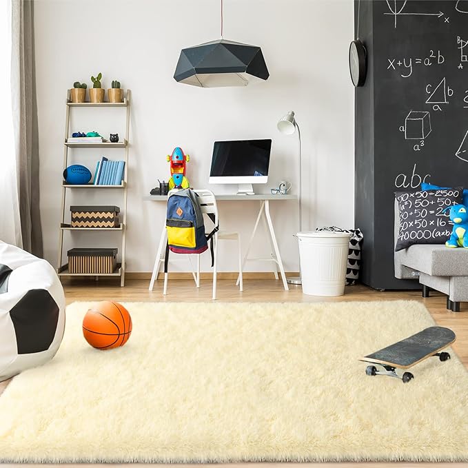 Merelax Modern Soft Fluffy Large Shaggy Rug for Bedroom Livingroom Dorm Kids Room Indoor Home Decorative, Non-Slip Plush Furry Fur Area Rugs Comfy Nursery Accent Floor Carpet 4'x6' Light Champagne