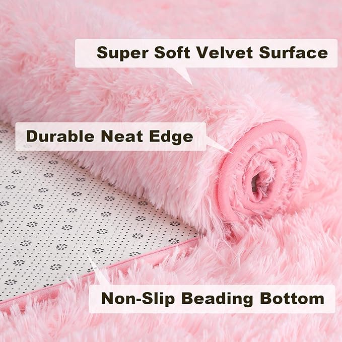 Merelax Soft Modern Indoor Shaggy Area Rug for Bedroom Livingroom Dorm Kids Room Home Decorative, Non-Slip Plush Fluffy Furry Fur Rugs Comfy Nursery Accent Floor Carpet 3x5 Feet, Pink