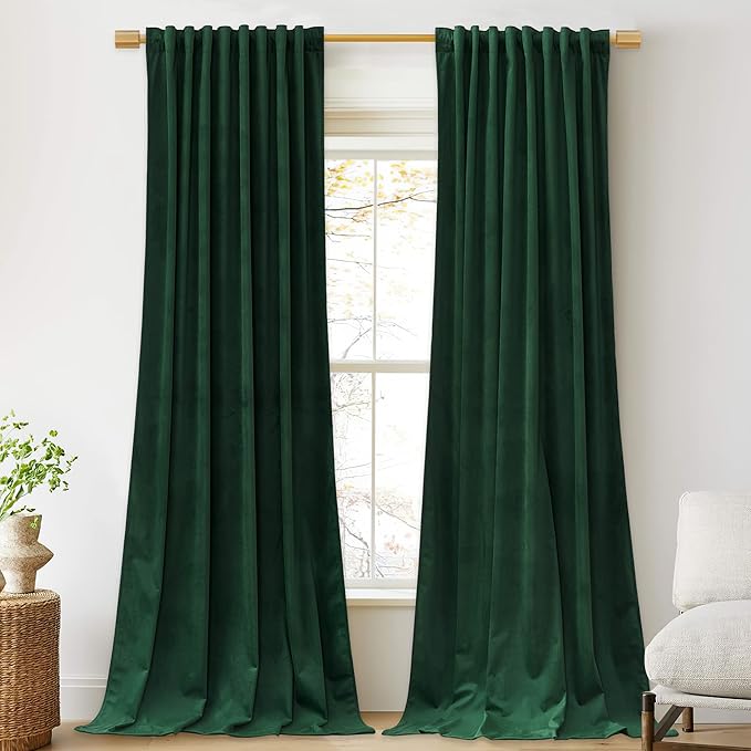 StangH Green Velvet Curtains 96 inches for Living Room, Luxury Christmas Decor Back Tab Thermal Insulated Blackout Heat & Chill Resistant Drapes for Bedroom Windows/French Door, W52 x L96, 2 Panels