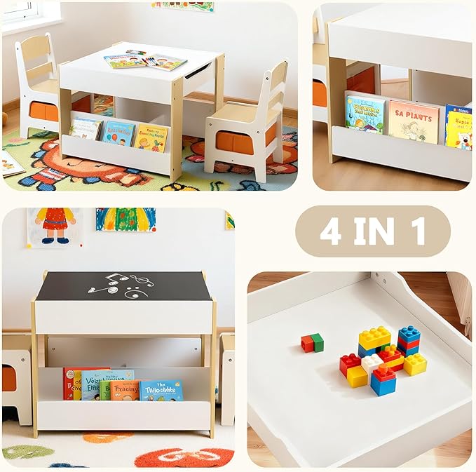 Kinder King Kids Wood Table & 2 Chairs Set, 4 in 1 Children Activity Table w/Double Bookcase, Blackboard, Toddler Furniture Set for Art, Crafts, Drawing, Reading, Playroom, Natural