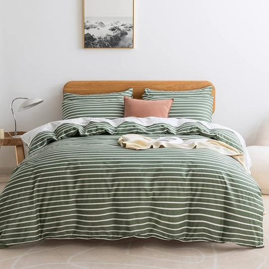 JELLYMONI King Duvet Cover Set, Cotton Duvet Cover 3 Pieces with Zipper Closure, 1 Duvet Cover and 1 Pillowcases(Green with White Striped)