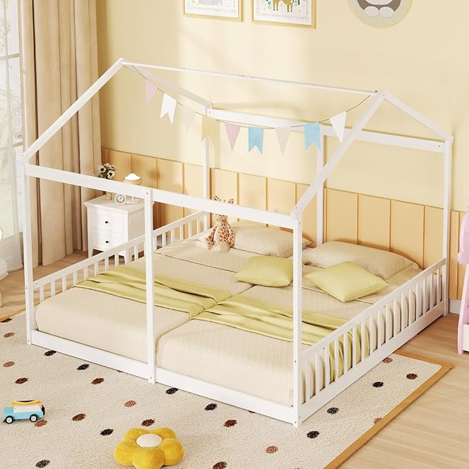 Giantex Double Twin Floor Beds for 2 Kids, Wood Montessori Bed with Fence & Roof, Wooden Slat Support, Easy Assemble, No Box Spring Needed, for Twins, Girls, Boys, White