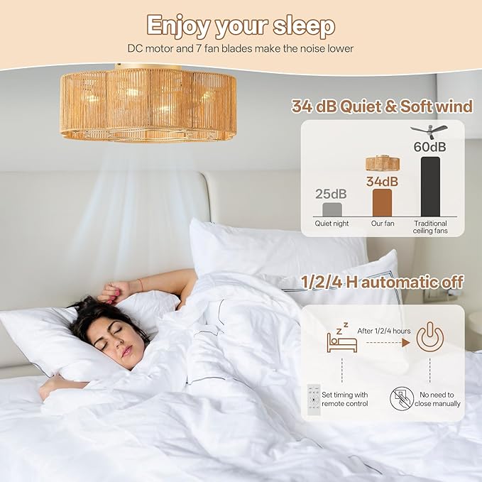 Caged Ceiling Fan with Lights, Flush Mount 20" Boho Ceiling Fans with Lights Remote Control, Low Profile Bladeless Rattan with 6 Speeds for Bedroom, Nursery, Kitchen