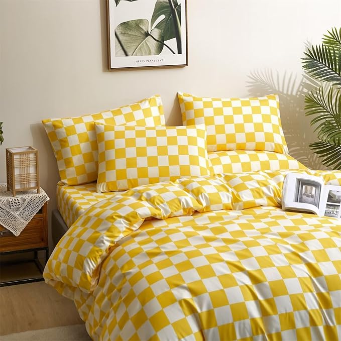 Houseri Yellow and White Plaid Duvet Cover King Light Yellow Buffalo Checkered Duvet Cover Bedding Sets King Women Modern Bright Yellow Grid Checkerboard Duvet Cover King Size Men Gingham Bedding King