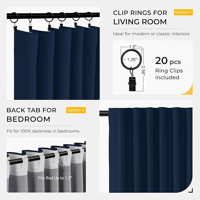 INOVADAY 100% Blackout Curtains for Bedroom, Black Out Curtains 84 Inch Long, Clip Rings Linen Blackout Drapes, Thermal Insulated Room Darkening for Living Room, 2 Panels - Midnight Blue,W50xL84