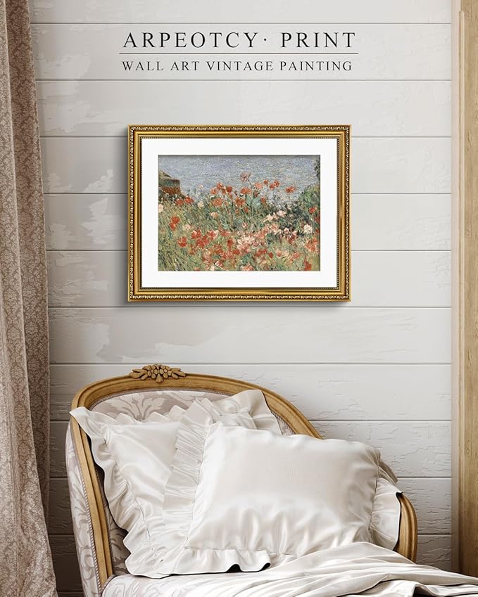 ARPEOTCY Vintage Gold Framed Large Wall Art, Retro Garden Shoals Sea Sky, Canvas Prints Artwork with Antique Frame, Victorian Wall Paintings Decor for Living Room Gallery, 16x20 inch