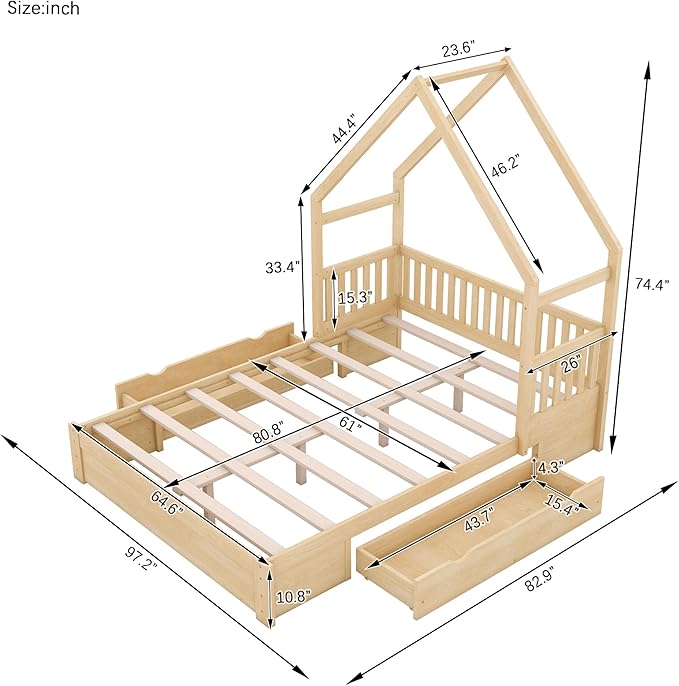 Wood Queen Size House Platform Bed with Safety Fence, Montessori Platform Bed with House Shape Headboard and 2 Drawers for Kids Boys Girls, Sturdy Slats Support (Natural-Q)