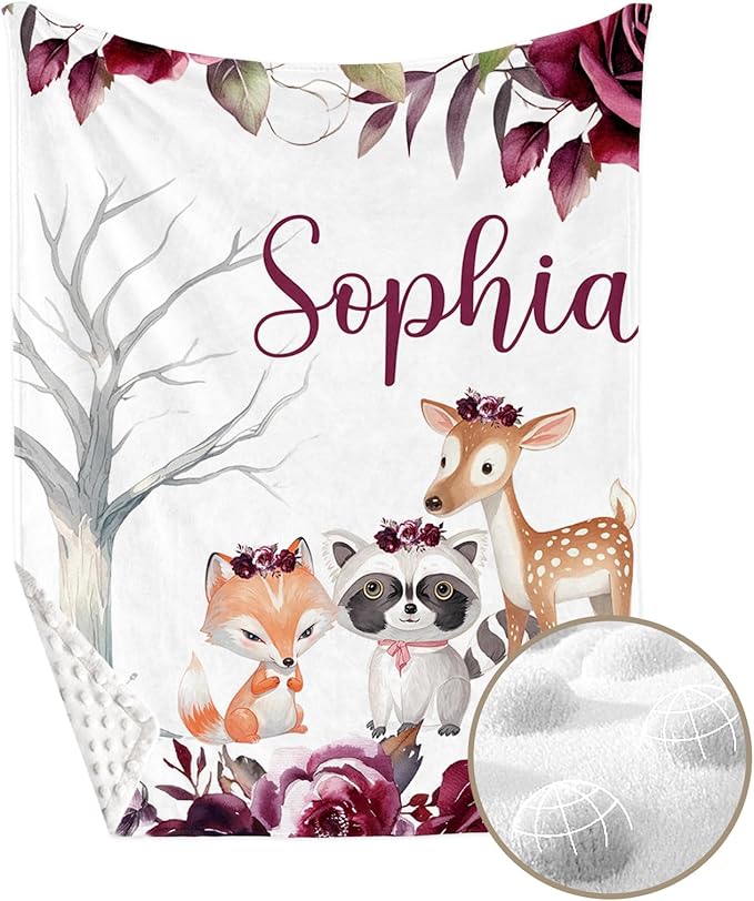 Personalized Crib Bedding Set for Boys Girls, Custom Baby Crib Sets with Name, Rose Animal Design Nursery Bedding 2 Piece - Soft Blanket with Double Layer Dotted Backing, Crib Fitted Sheet
