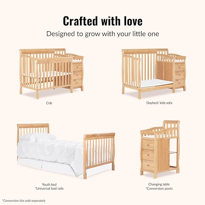 Dream On Me Jayden 4-in-1 Mini Convertible Crib And Changer in Natural, Greenguard Gold Certified, Non-Toxic Finish, New Zealand Pinewood, 1" Mattress Pad