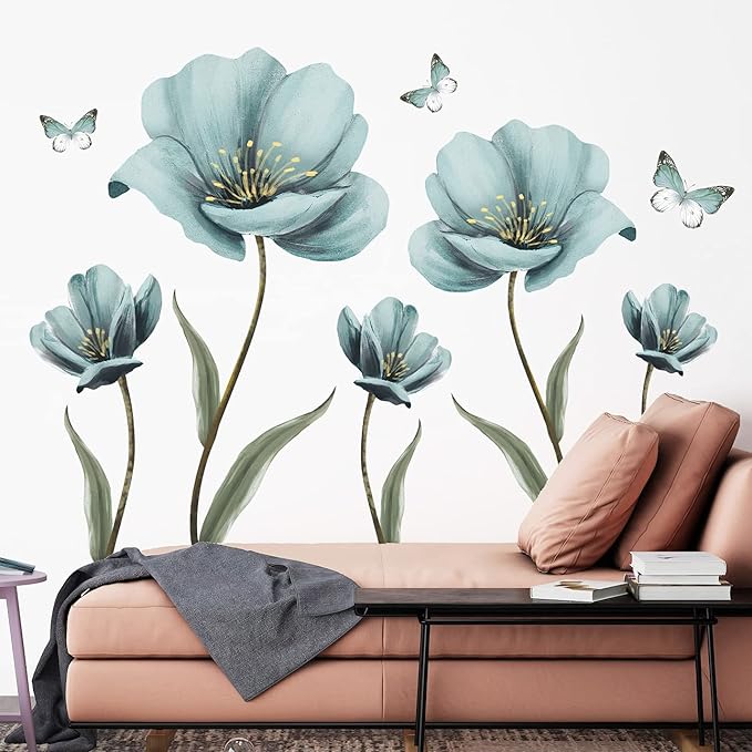 Dreamy Blue Flower Wall Stickers Creative Painted Butterflies Wall Decals Romantic Painting Art Decor Vinyl Removable Peel and Stick for Living Room Nursery Bedroom Office Bathroom Wall Decoration