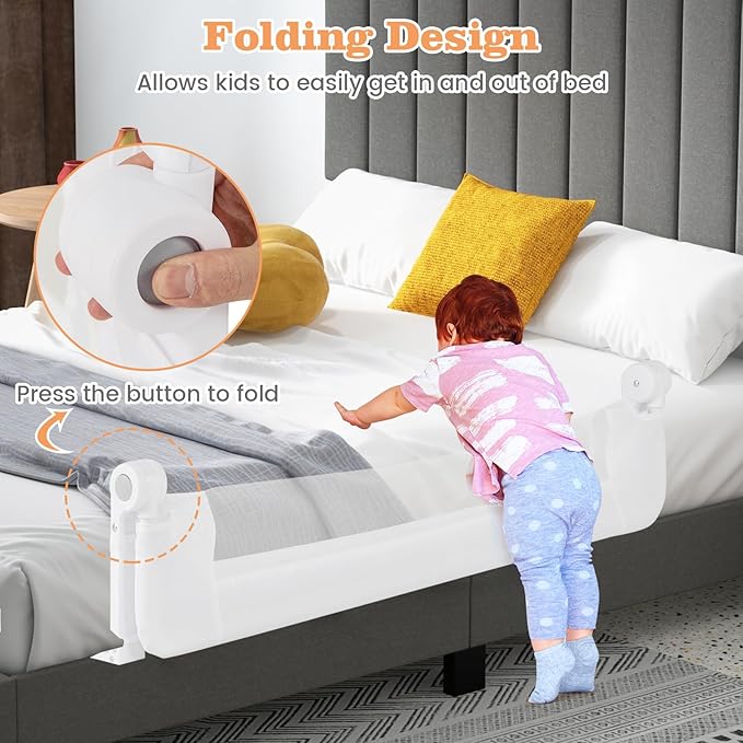 HONEY JOY Bed Rail for Toddlers, Extra Long, Foldable Portable Swing Down Safety Bed Guard Rail, Toddler Bed Rails for Crib, King Queen Full Twin Size Bed Mattress (White, 2 Pack, 47 Inch)