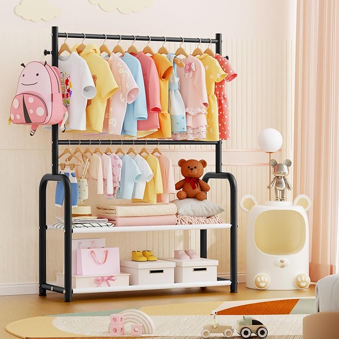 Kids Clothing Rack with 2-Layer Storage Shelf and 2 Adjustable Hanging Rods, Small Baby Closet Organizer for Hanging Clothes, Kids Dress Up Rack for Child (Classic, Black)