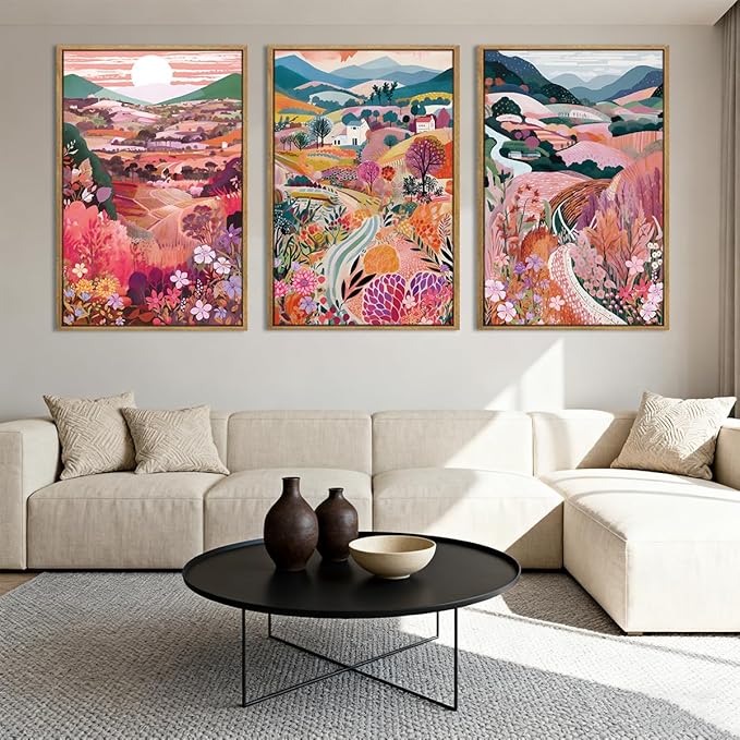 Anyzal Large Colorful Mountain Floral Wall Art Framed Pink Nature Landscape Painting Sunset Scenery Wall Decor for Living Room Bedroom Office 16x24 Inch Set of 3