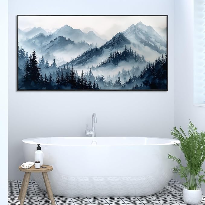 Large Framed Blue Gray Misty Forest Wall Art for Living Room, Watercolor Landscape Nature Canvas Print Paintings Artwork for Walls, Modern Foggy Mountains & Pine Forest Pictures for Home Decor 23"x46"
