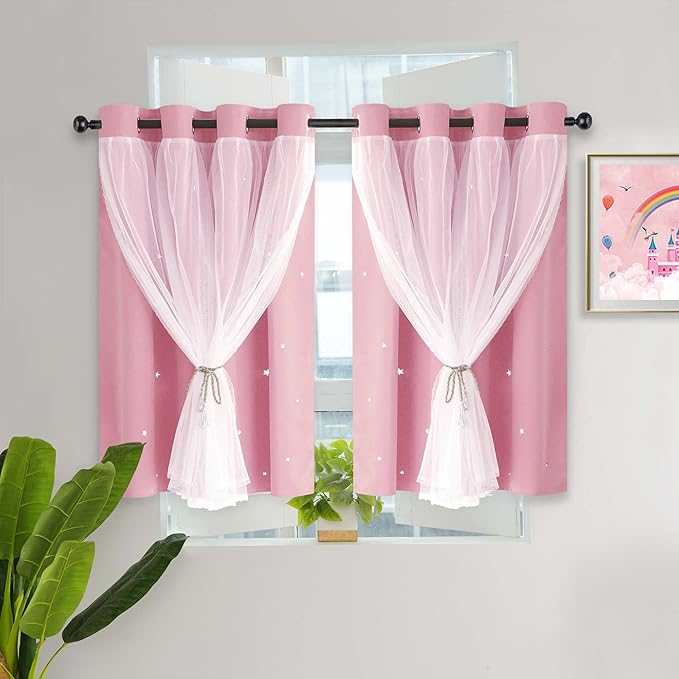 Kinryb Princess Curtains for Girls Bedroom with Sheer Overlay,Double Layer Curtain for Living Room with Star Cutout, Curtains for Kids Room (52 W*36 L Inches,2 Pcs Pink)