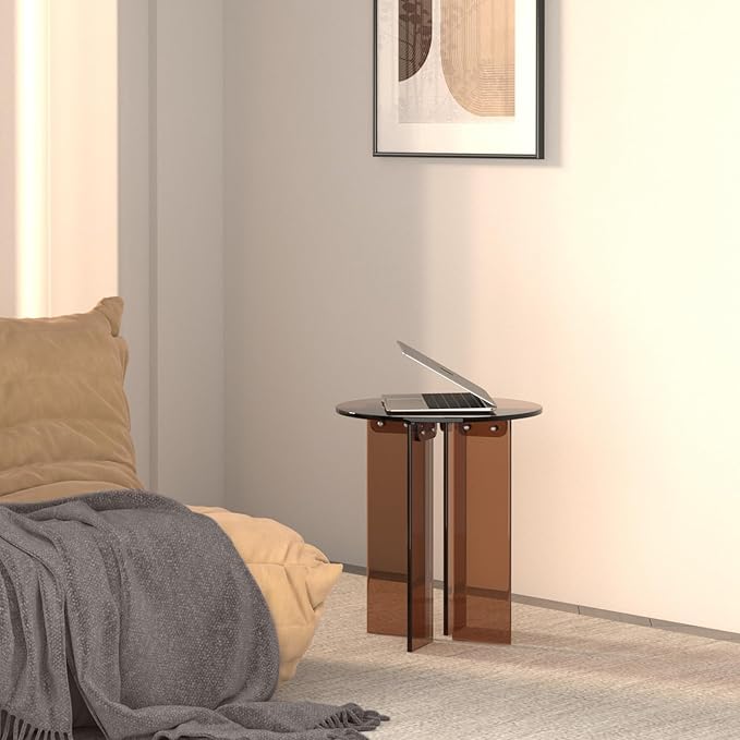 Acrylic Small Coffee Table, Round Accent End Table, Minimalist Bedside Nightstand, Side Tables Living Room, Bedroom Office Indoor Home Decor, Brown