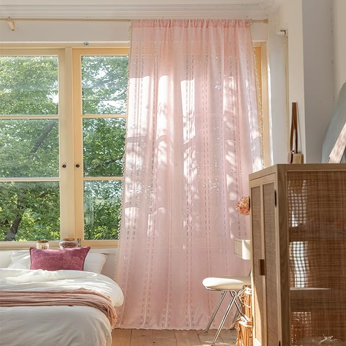 Deeprove Blush Pink Boho Curtain 63 inches Length for Living Room Girl Bedroom Nursery, Retro Casual Bohemian Sheer 63 inches Long Stripe Embroidery Privacy Window Tassel Decor W52 x L63, 1 Panel
