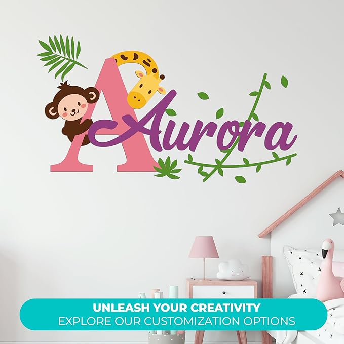 e-Graphic Design Inc Personalized Monkey & Giraffe Wall Stickers for Baby Girl or Boy I Custom Name & Initial for Nursery Wall Decor I Multiple Sizes and Colors Options (Wide 32" x 18" Height)