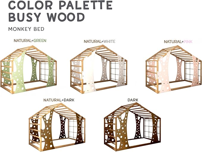 BUSY WOOD Climbing Bed for Toddler Monkey - Montessori Floor Bed Frame Jungle Gym - Twin, Full Bedframe