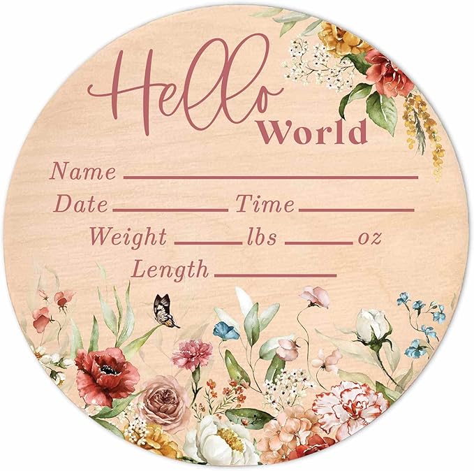 Hello World Wood Newborn Baby Birth Announcement Sign - 6 Inch Round - Butterfly Boho Floral - Shower Gift - Nursery Decor