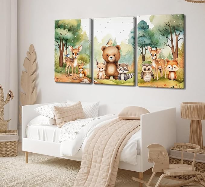 3Pcs Woodland Animal Nursery Wall Art Forest Animal Wall Decor Cute Watercolor Deer Bear Fox Poster Canvas Prints Paintings Pictures Artwork for Kids Baby Bedroom Decor Canvas 12X16in