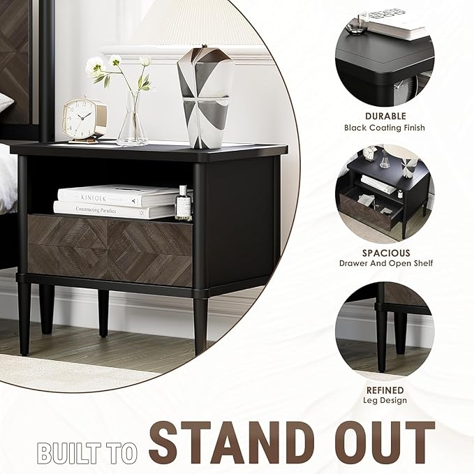 Lenia Queen Bed Frame with 2 Matching Nightstands – Modern Wood Platform Bed Set, Chevron Diamond Design, No Box Spring Needed, Slatted Support (Mocha Black, Queen)