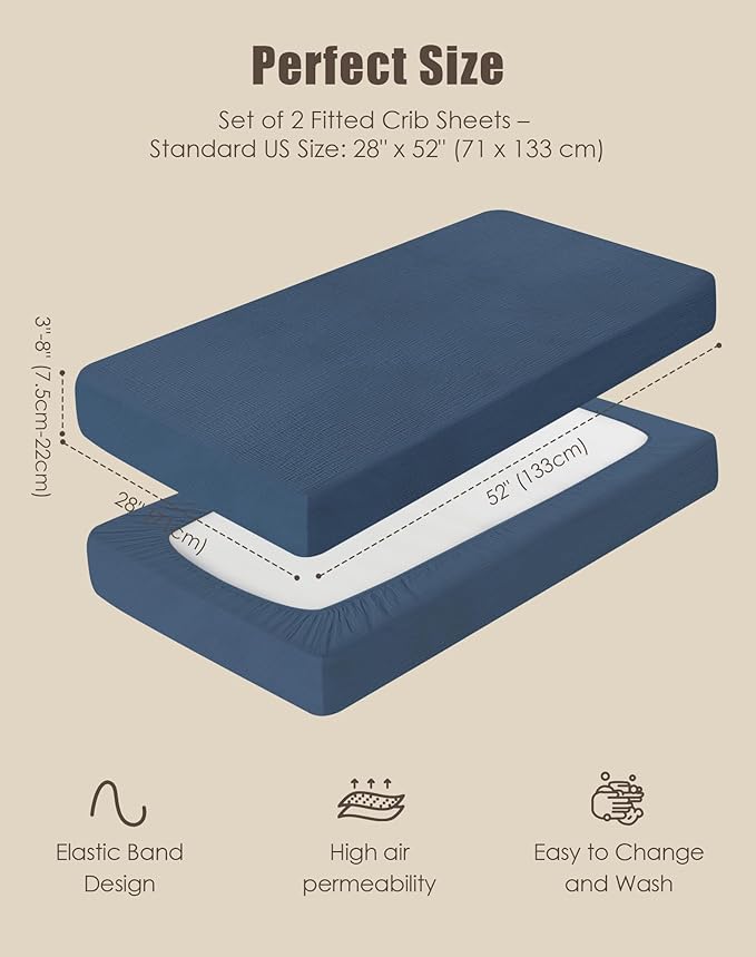 SWEET DOLPHIN 2-Pack Muslin Crib Sheets for Boys & Girls, Ultra Soft Breathable 40S Long-Staple Cotton Fitted Baby Sheets for Standard Crib Mattress 52"x28", Deep Navy- Nursery Essentials
