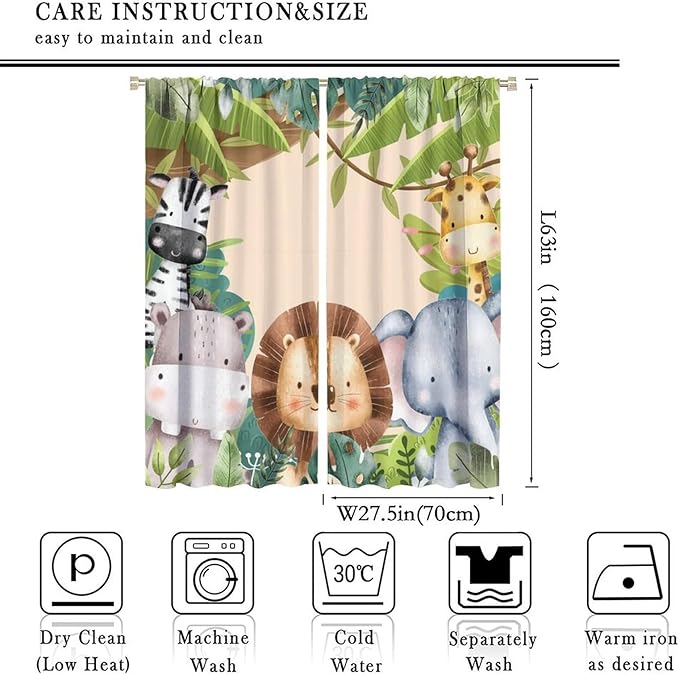 Jungle Animals Curtains Colorful Forest Cartoon Wildlife Lion Giraffe Elephant for Kids Boys Girls Nursery Bedroom Living Room Blackout Rod Pocket Decoration Window Drapes 2 Panels W27.5xL63in