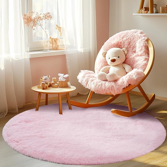 Round Fluffy Pink Rug 5x5ft: Ultra Soft Furry Girls Bedroom Carpet- Plush Rug for Girls & Kids, Fuzzy Bedside Carpet for Baby (5ft, Pink)