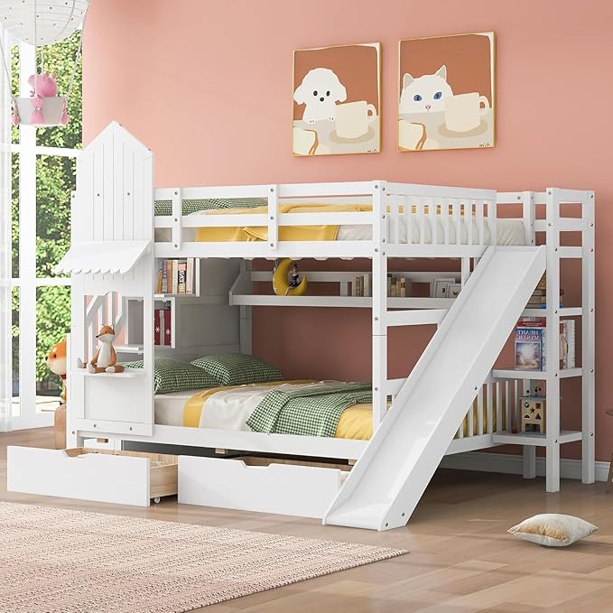 MERITLINE Full Over Full Castle Bunk Bed with Slide,Stairs and Drawers,Solid Wood Floor House Princess Bunk Bed with Storage Shelves (White,Full Over Full)