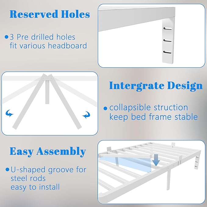 14 Inch Twin Bed Frames, White Bed Frame Twin Size with Metal Baffles, No Box Spring Needed, Heavy Duty Steel Platform Supprt, Rounded Corner Design, Reserved Holes, Noise Free, Storage Space