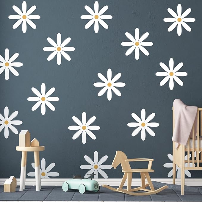 TaoBary 12 Sheets Daisy Wall Decal Flower Wall Sticker Cute Daisy Sticker Pink White Flower Decal Peel and Stick Floral Wallpaper for Nursery Bedroom Home Decor(White, Yellow,Fresh Style)