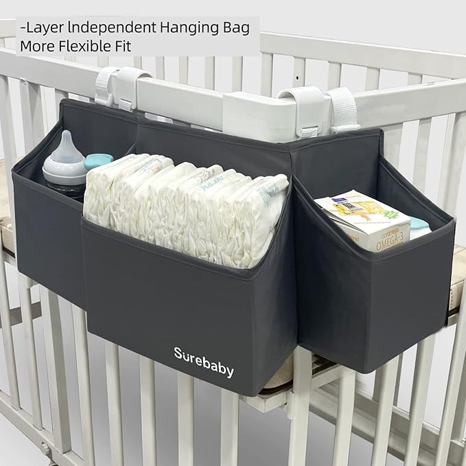 Hanging Baby Diaper Caddy, 3-in-1 Diaper Caddy Organizer Holder For Baby Crib, Nursery Organization Diaper Stacker Storage For Crib, Changing Table-Grey