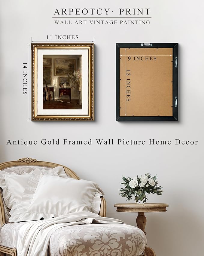 ARPEOTCY Vintage Gold Framed Wall Art, Still Life Interior Cello Paintings, Aesthetic Canvas Prints Artwork with Frame, Classical Victorian Wall Decor for Living Room Bathroom Bedroom 11x14 inch
