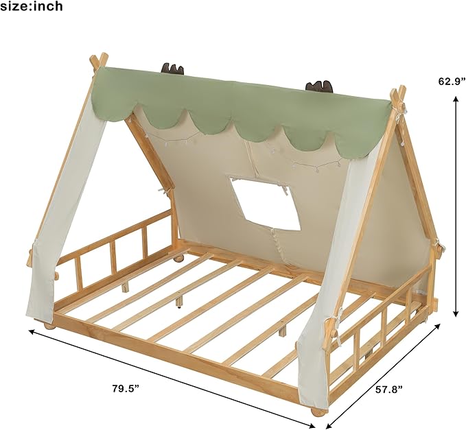 Full Size House Bed for Kids with Light and Tent, Montessori Floor Bed Full for Kids Girls Boys Teens Bedroom, White