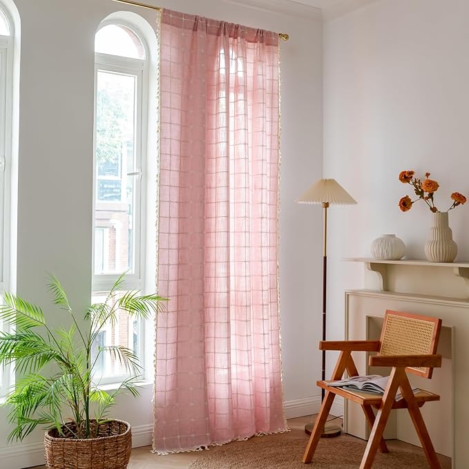 Deeprove Pink Boho Curtains 84 Inches Long for Girl's Bedroom Nursery Room, Cotton Linen Plaids Embroidery Semi Blackout Bohemian Window Treatment Grids Drape Tassels, 1 Panel W52 x L84