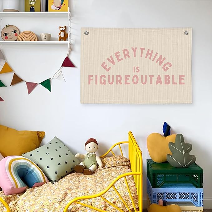 Everything is Figureoutable Inspirational Wall Decor, Motivational Classroom Wall Decor, Classroom Linen Canvas Banner Hanging Flag, 20x30 Inch - Pink