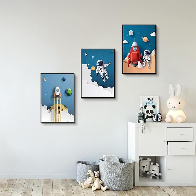 3Pcs Astronaut Canvas Wall Art Nursery Space Adventure Wall Decor Whimsical Space Themed Posters Artwork Rocket Spaceship Prints Pictures for Kids Room Boys and Girls Bedroom (16x24in Poster)