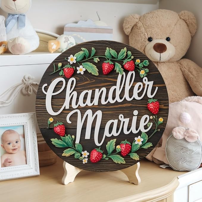 Personalized Name Signs for Kids Room, Strawberry Sign for Baby Door Decor, Newborn Gifts for Girl, Girls Nursery Wall Bedroom Decorations, Mother's Day Gifts for New Mom Dad Gift