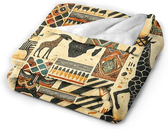 African Tribal Map Ethnic Pattern Blanket Vintage African Safari Animals Throw Blanket Soft Cozy Fleece Fuzzy Plush Warm Stuff Bedding Blankets Gifts for Boys Girls Kids Adult Men Women 50"X60"