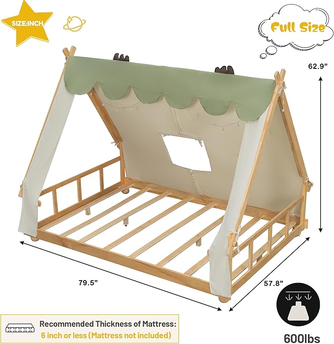 Montessori Floor Bed Full with Tent & Light, Wood Full House Beds for Kids, DIY Playhouse, Low-Profile Teepee Bed, Playful Indoor Adventure & Sleep for Girls Boys,Natural+White
